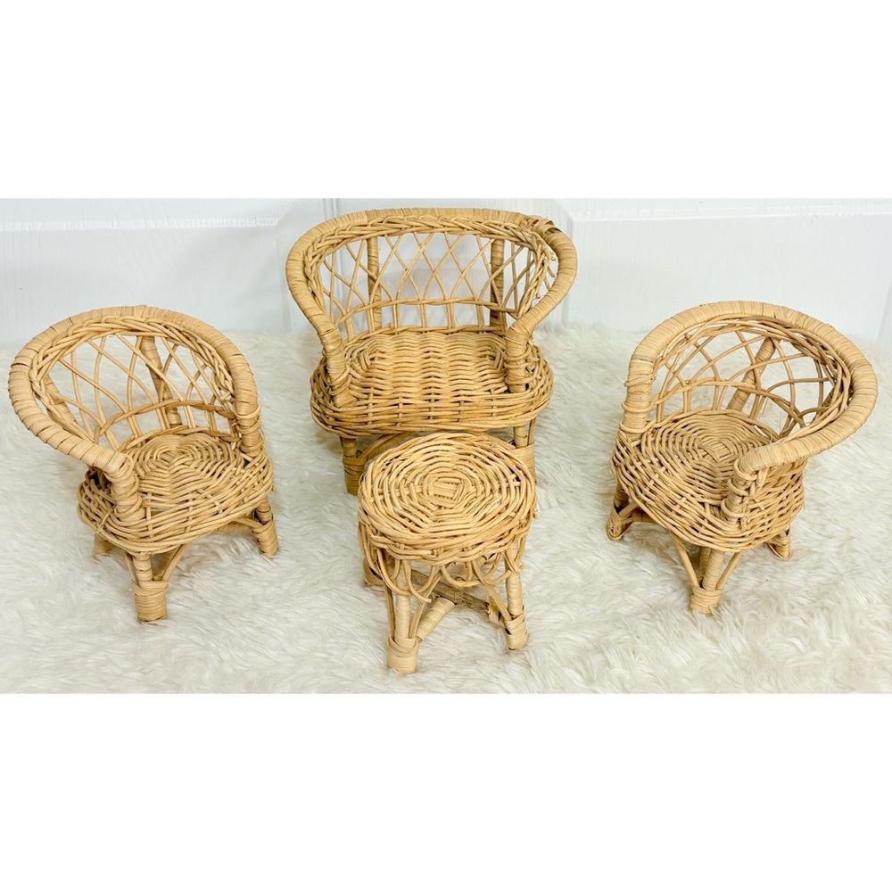 Vintage 70s Wicker Doll House Furniture Set~ Loveseat Chairs Table
